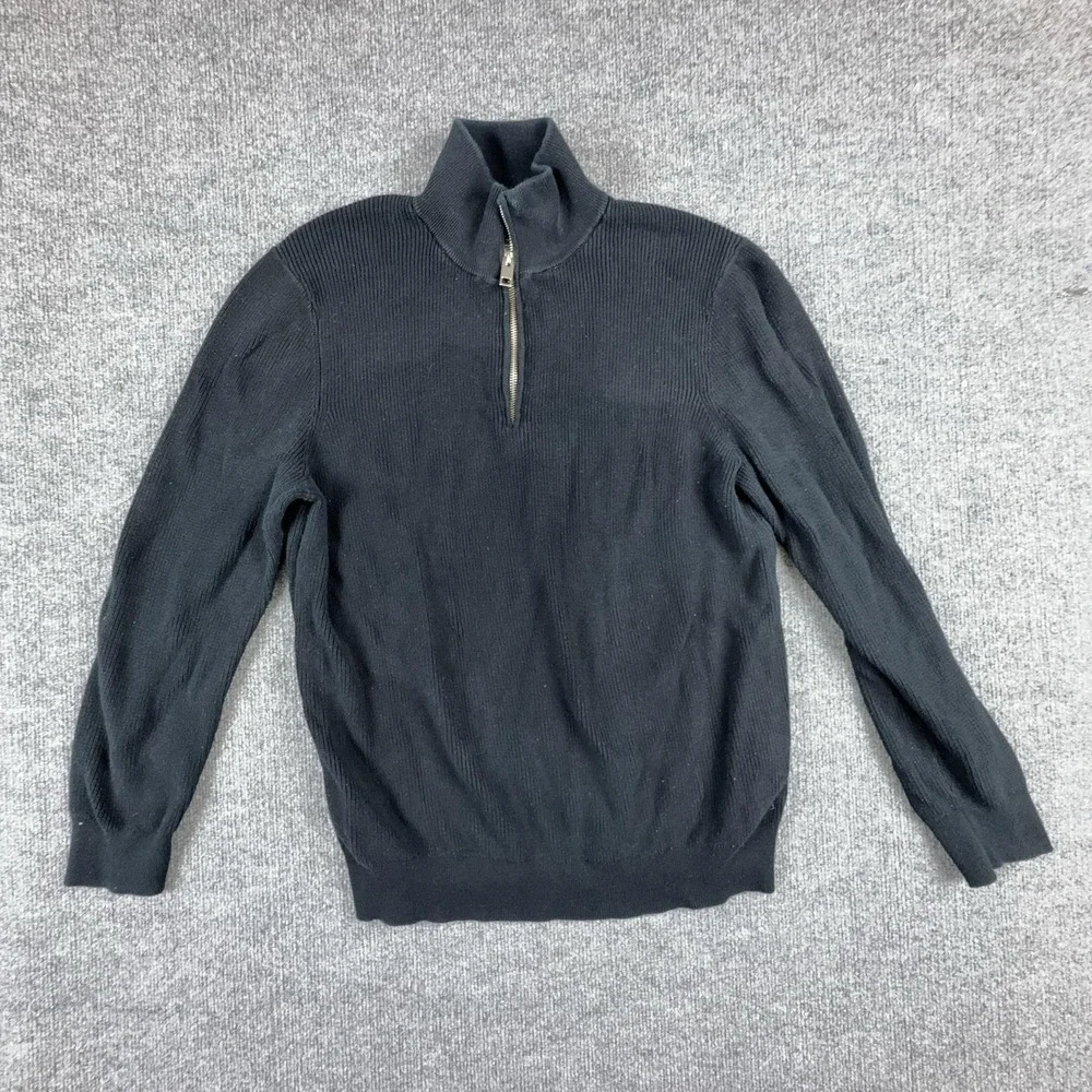 H&M Sweater Mens XL Black 1/4 Zip Mock Neck Cotton Knit Pullover Slim Fit Casual